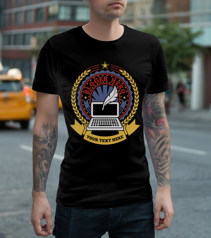 Blogger Hero Laptop And Quill Emblem With Star Laurel Badge T-Shirt