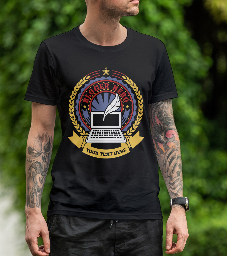 Blogger Hero Laptop And Quill Emblem With Star Laurel Badge T-Shirt