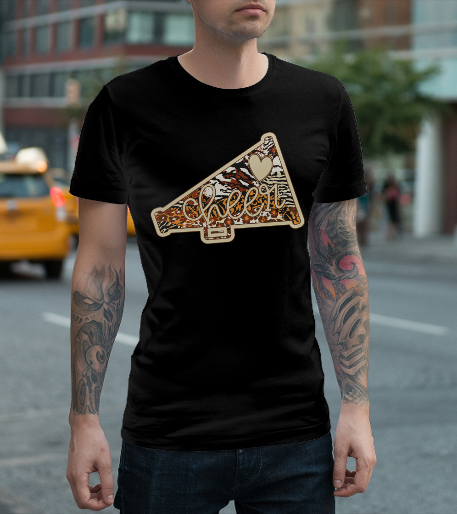 Cheer Megaphone Animal Print Heart T-Shirt