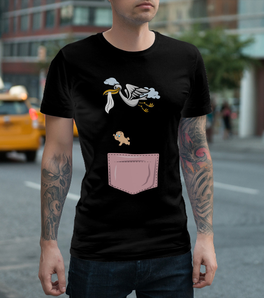Stork Dropping Falling Baby into Pink Pocket T-Shirt