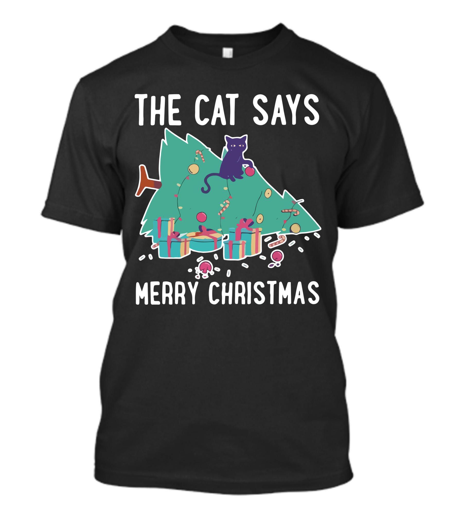 The Cat Says Merry Christmas Funny Cat Christmas Tree T-Shirt