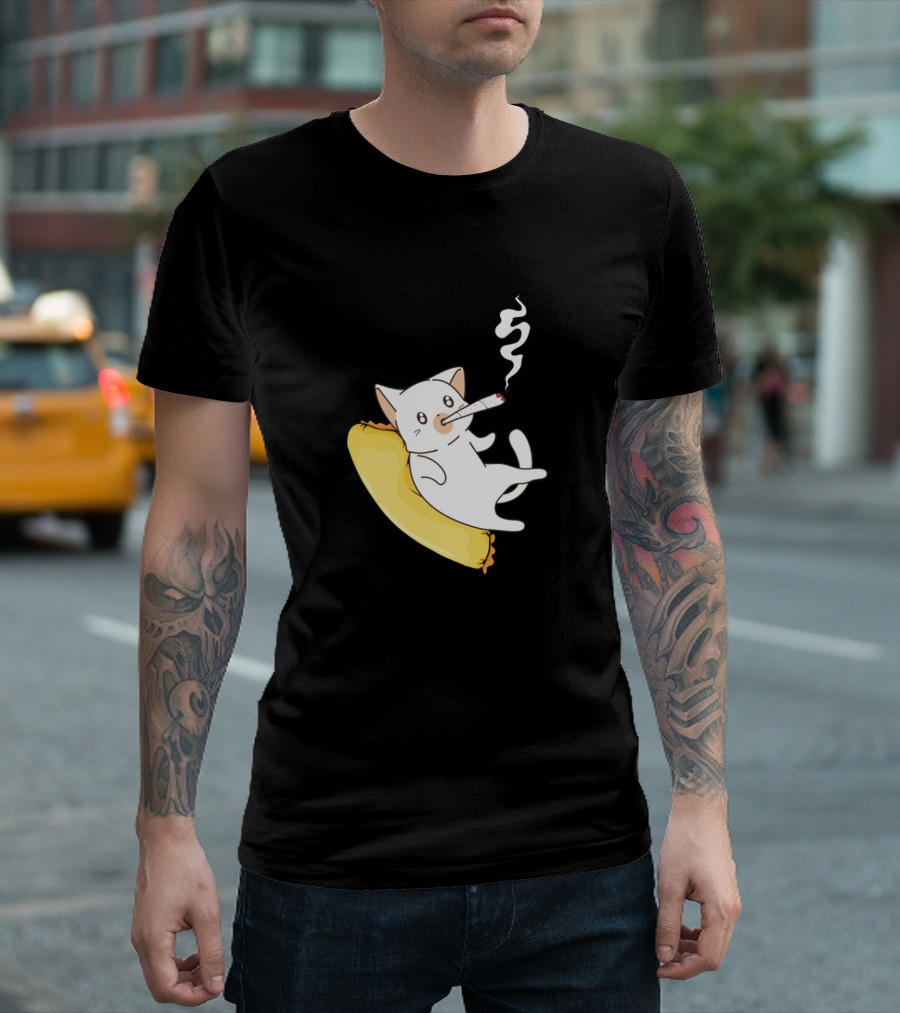 Funny Weed Smoking Cat Relaxed on a Yellow Cushion T-Shirt