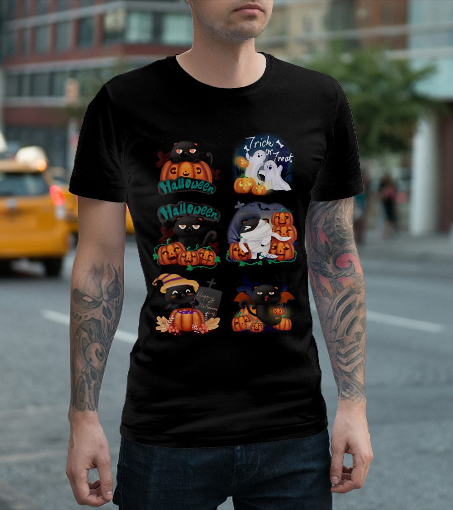 Halloween Black Cat Pumpkin Trick or Treat Happy Halloween Ghost Cartoon T-Shirt