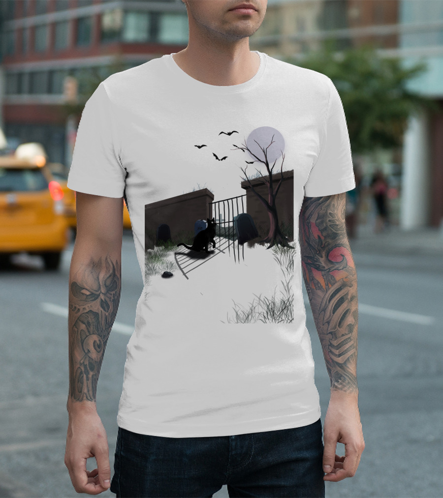 Halloween Black Cat Moonlit Cemetery Gate with Tombstones and Bats T-Shirt