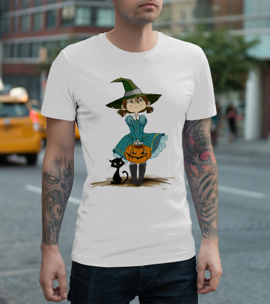 Halloween Girl Witch Hat Pumpkin Black Cat T-Shirt