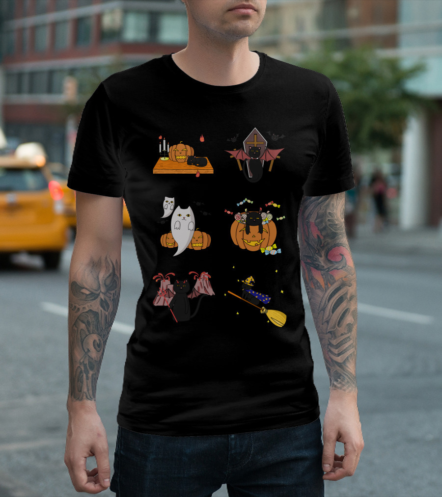 Halloween Black Cat Pumpkin Ghost Candy Bats T-Shirt