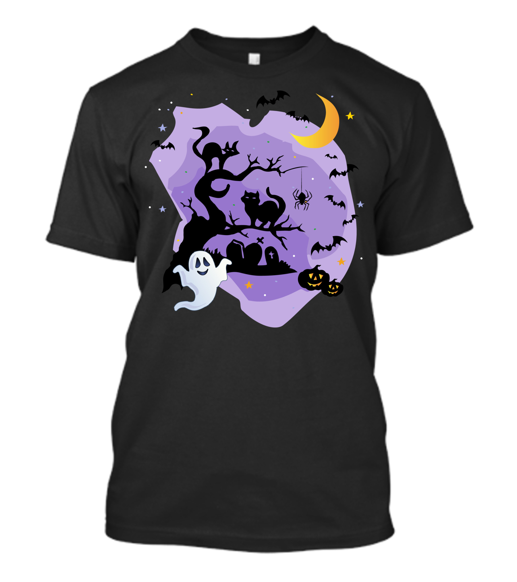 Halloween White Ghost Pumpkin Light Bat Black Cat Tombstone Crescent Moon Spider T-Shirt