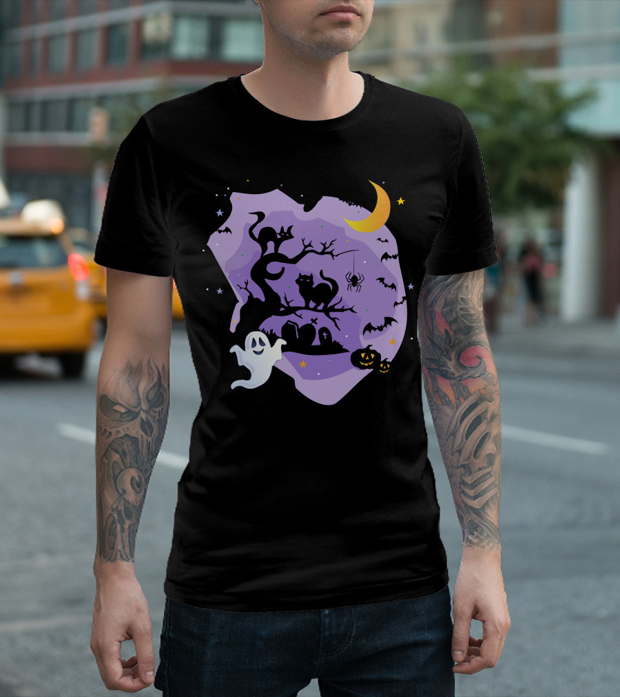 Halloween White Ghost Pumpkin Light Bat Black Cat Tombstone Crescent Moon Spider T-Shirt