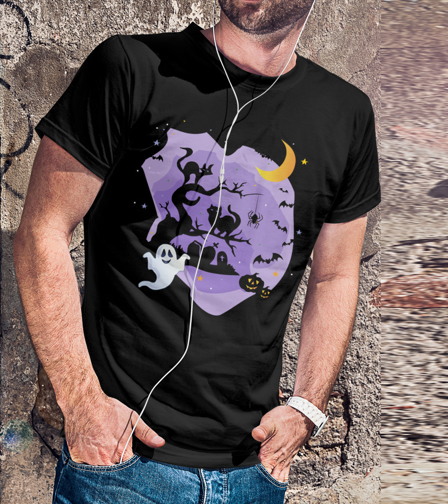 Halloween White Ghost Pumpkin Light Bat Black Cat Tombstone Crescent Moon Spider T-Shirt