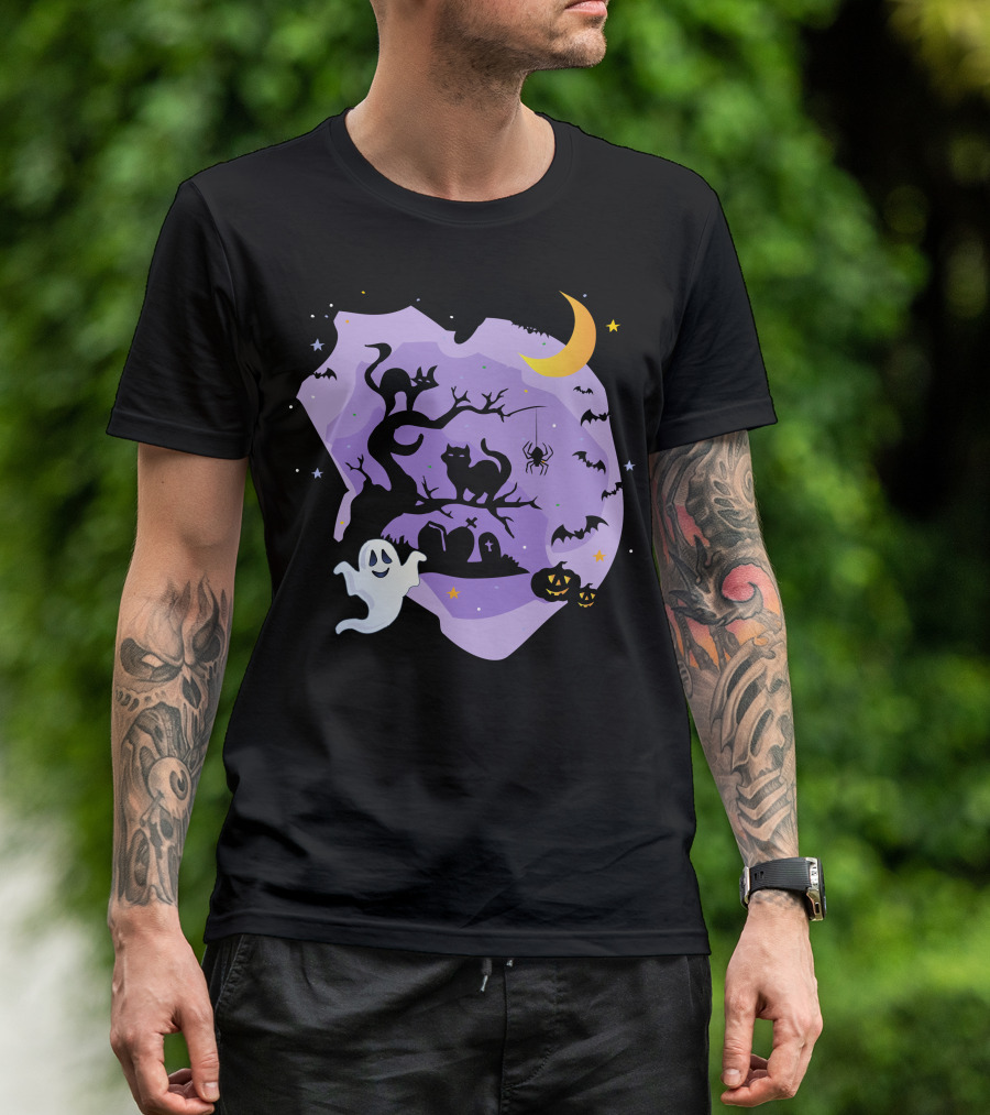 Halloween White Ghost Pumpkin Light Bat Black Cat Tombstone Crescent Moon Spider T-Shirt