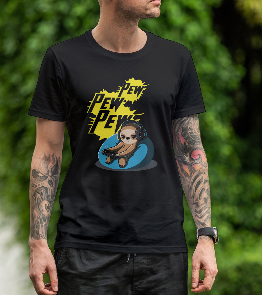 Pew Pew Pew Cute Gamer Headphones Sloth T-Shirt