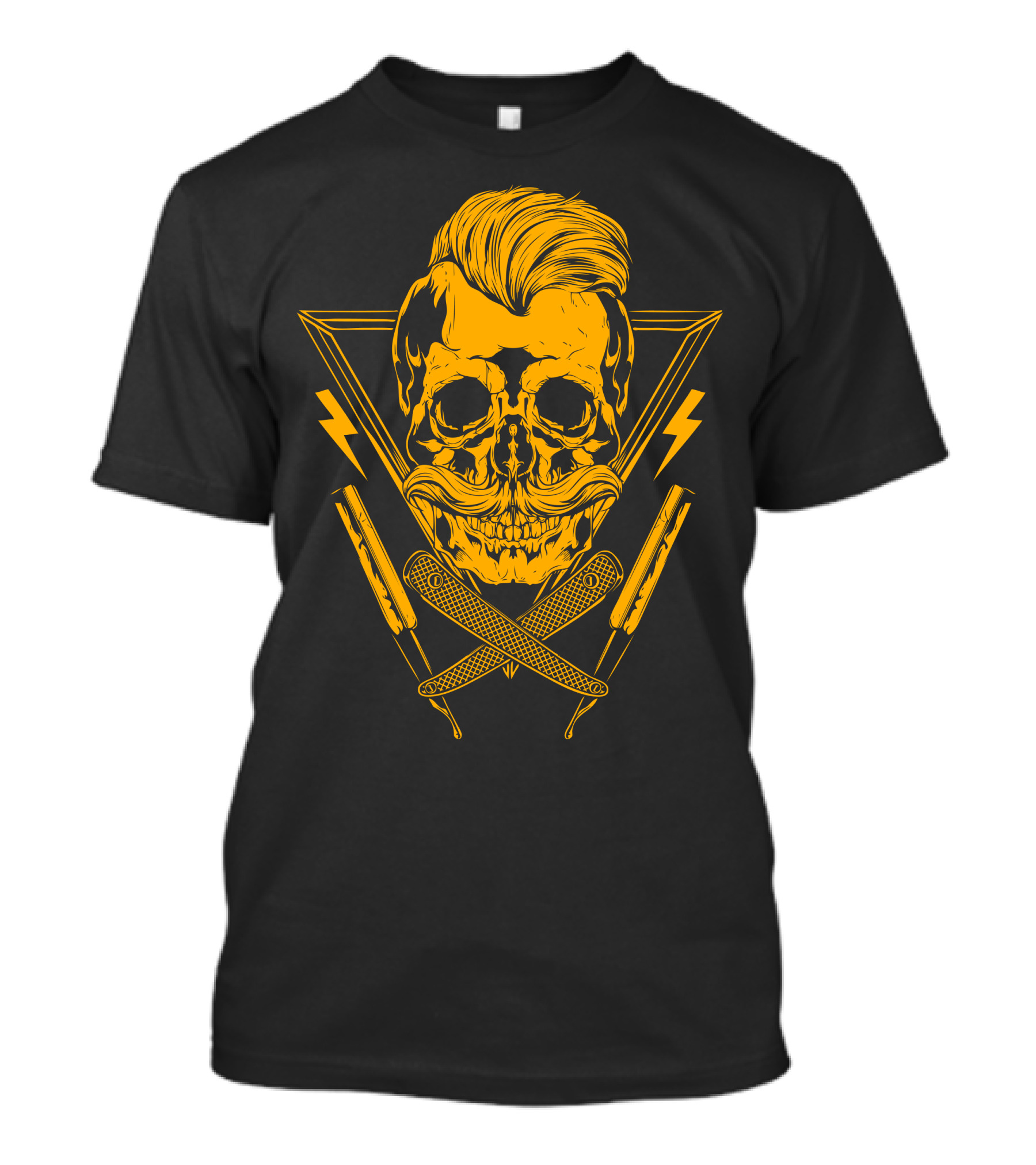 Razor And Beard The Barber Skull With Crossed Straight Razors And Lightning Bolts T-Shirt