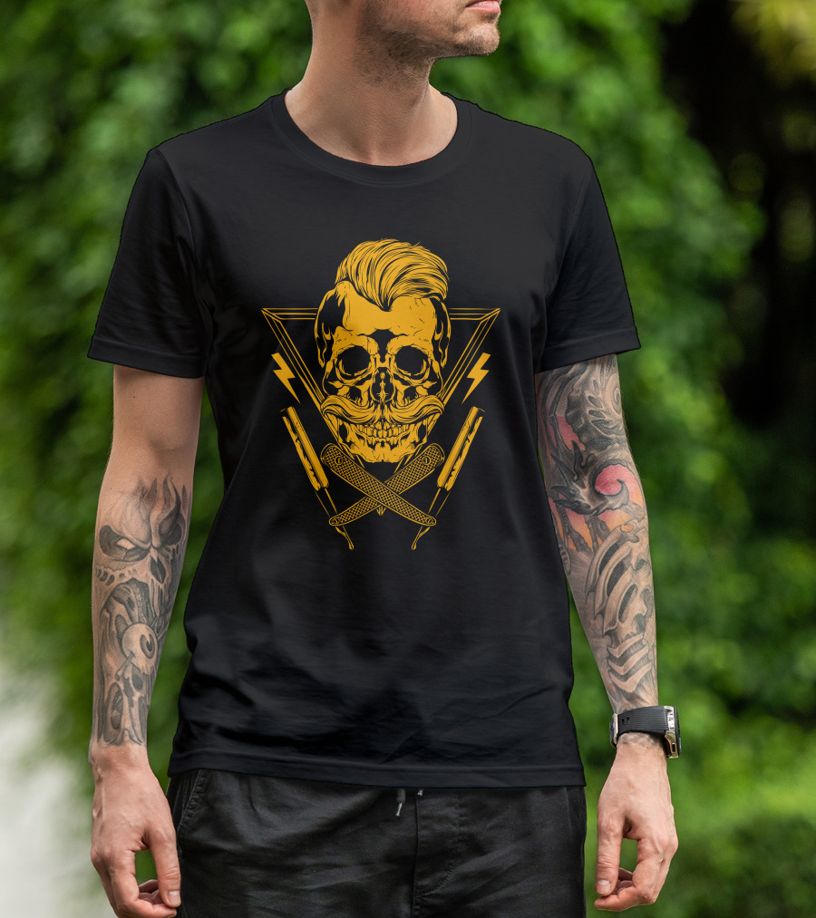 Razor And Beard The Barber Skull With Crossed Straight Razors And Lightning Bolts T-Shirt