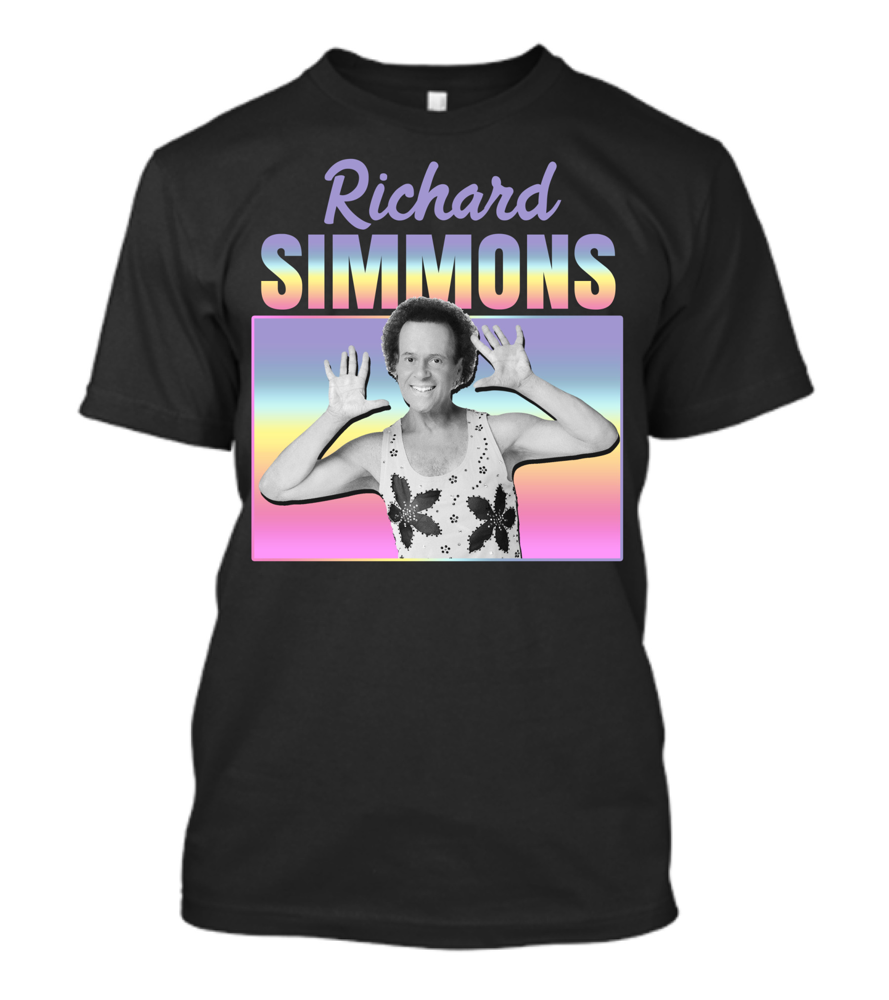 Richard Simmons Retro Fitness Icon Rainbow Background T-Shirt