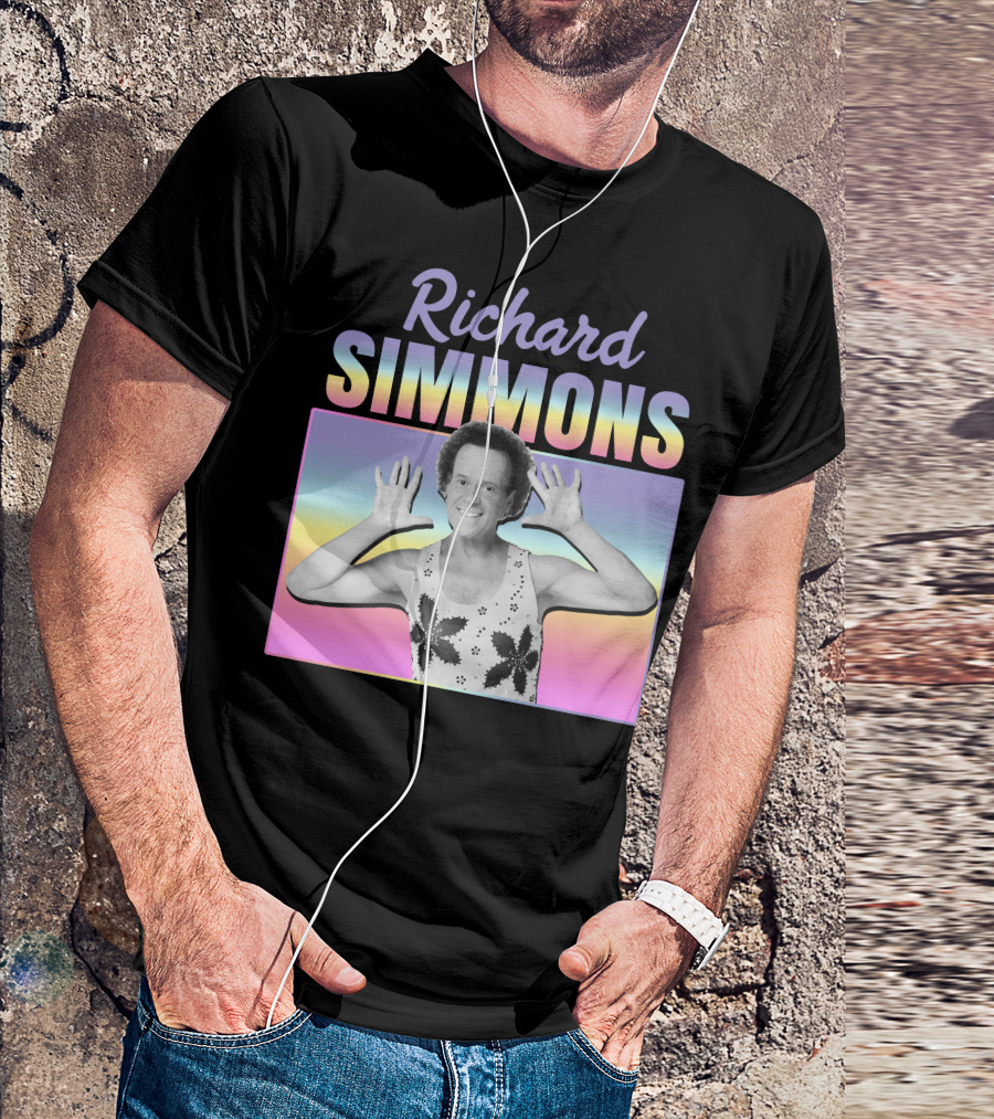 Richard Simmons Retro Fitness Icon Rainbow Background T-Shirt