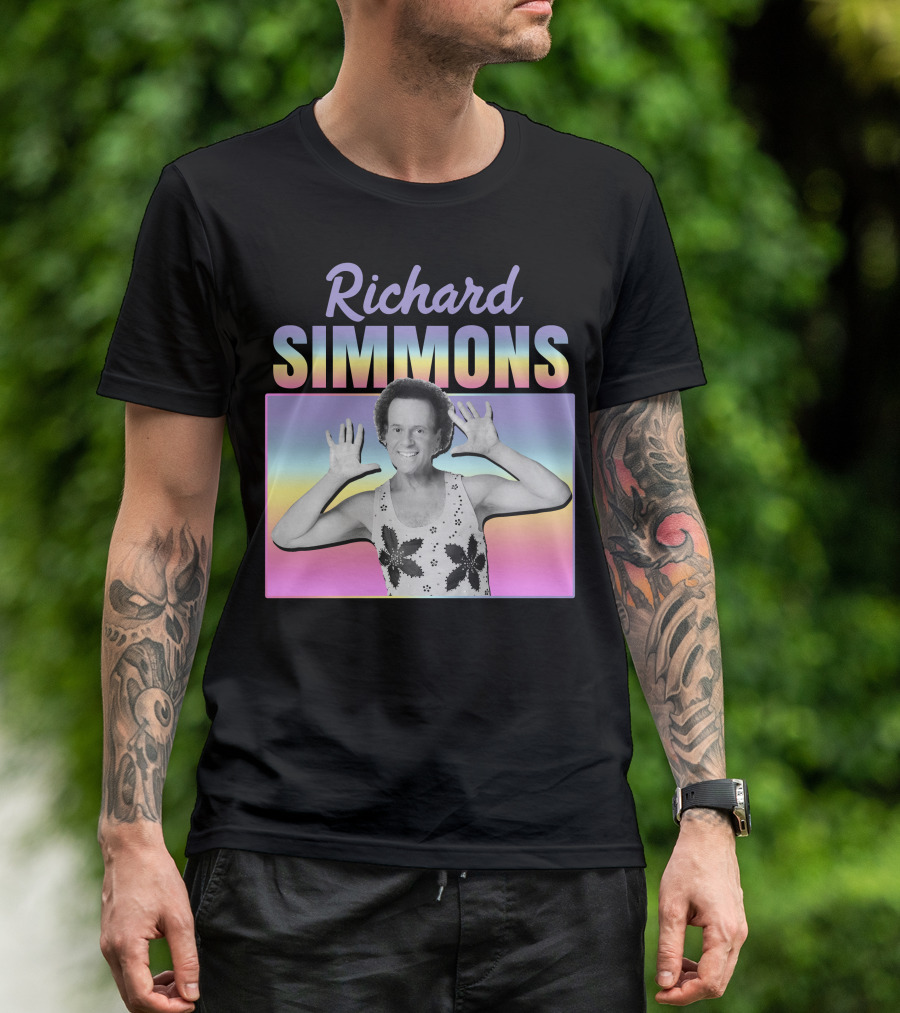 Richard Simmons Retro Fitness Icon Rainbow Background T-Shirt