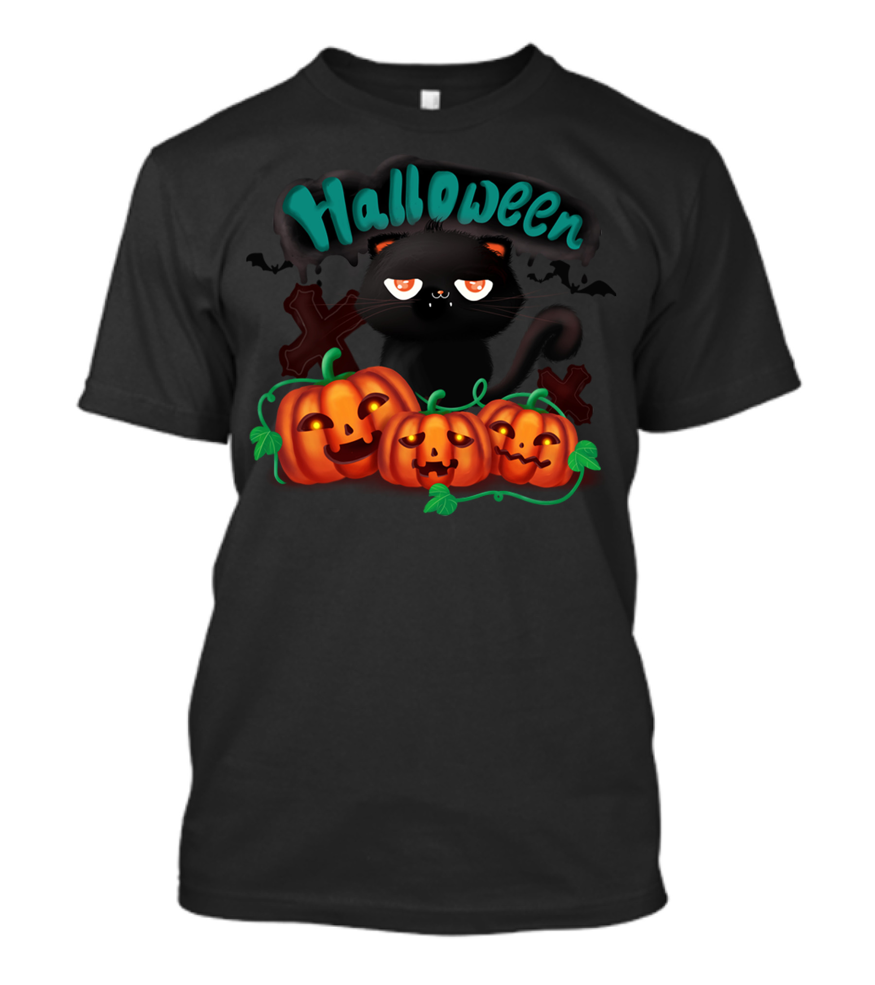 Halloween Black Cat Pumpkins Bats T-Shirt