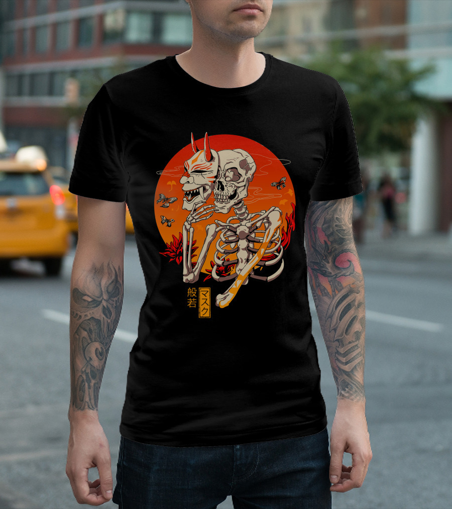 Hannya Yokai Mask Skeleton With Butterflies And Fiery Background Kanji Text T-Shirt