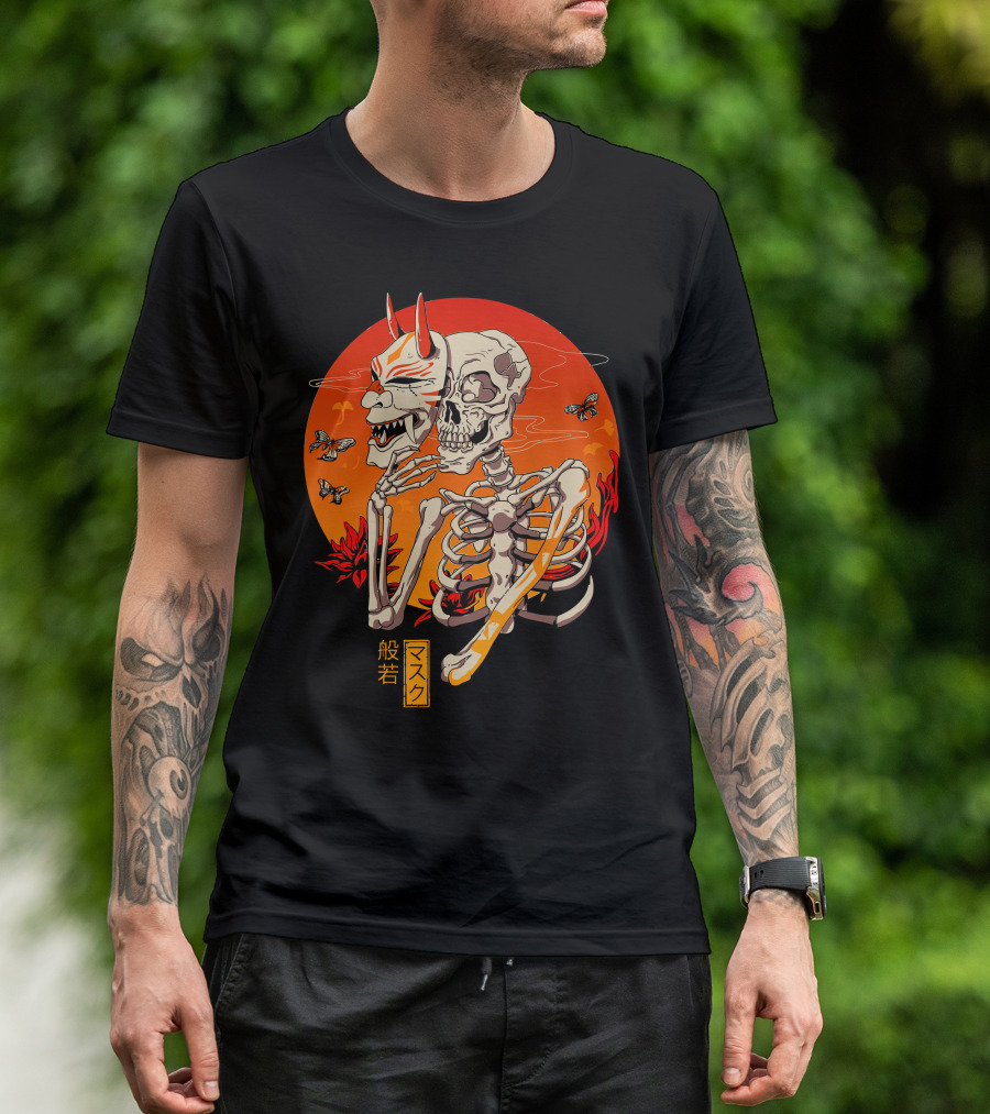 Hannya Yokai Mask Skeleton With Butterflies And Fiery Background Kanji Text T-Shirt