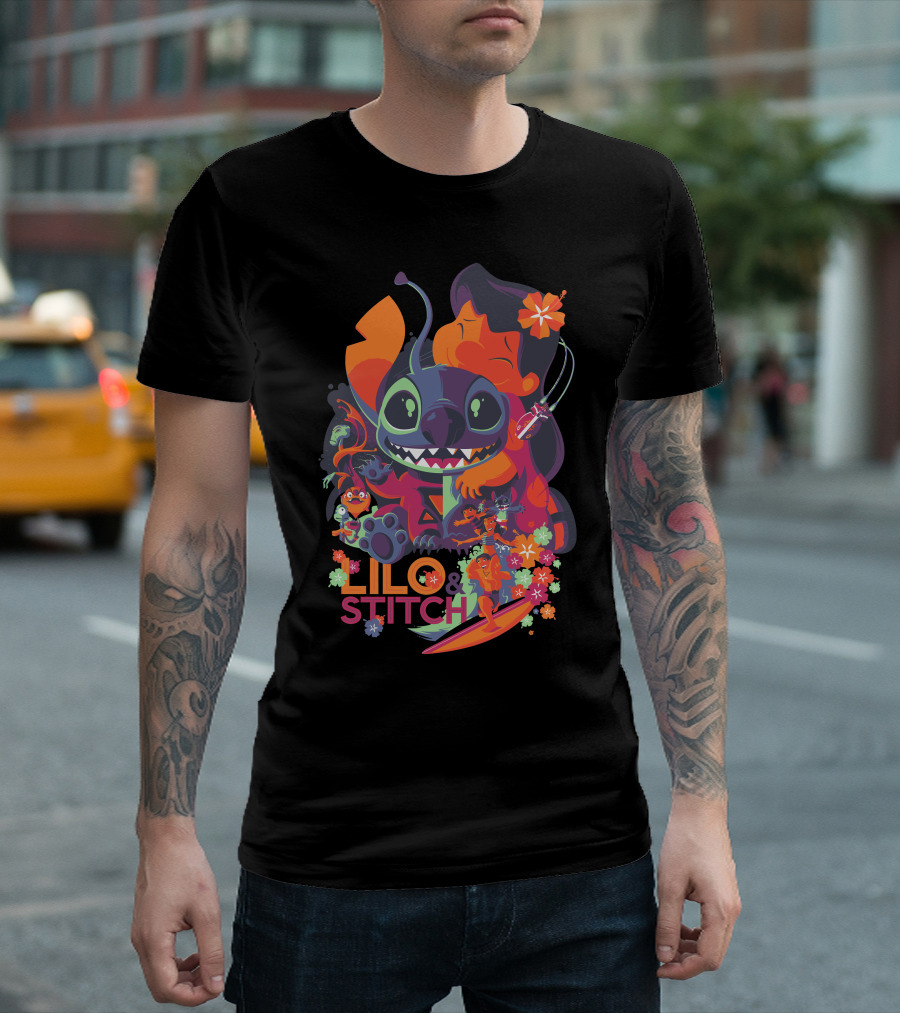 Lilo and Stitch Vibrant Surf Adventure Characters Floral Elements T-Shirt