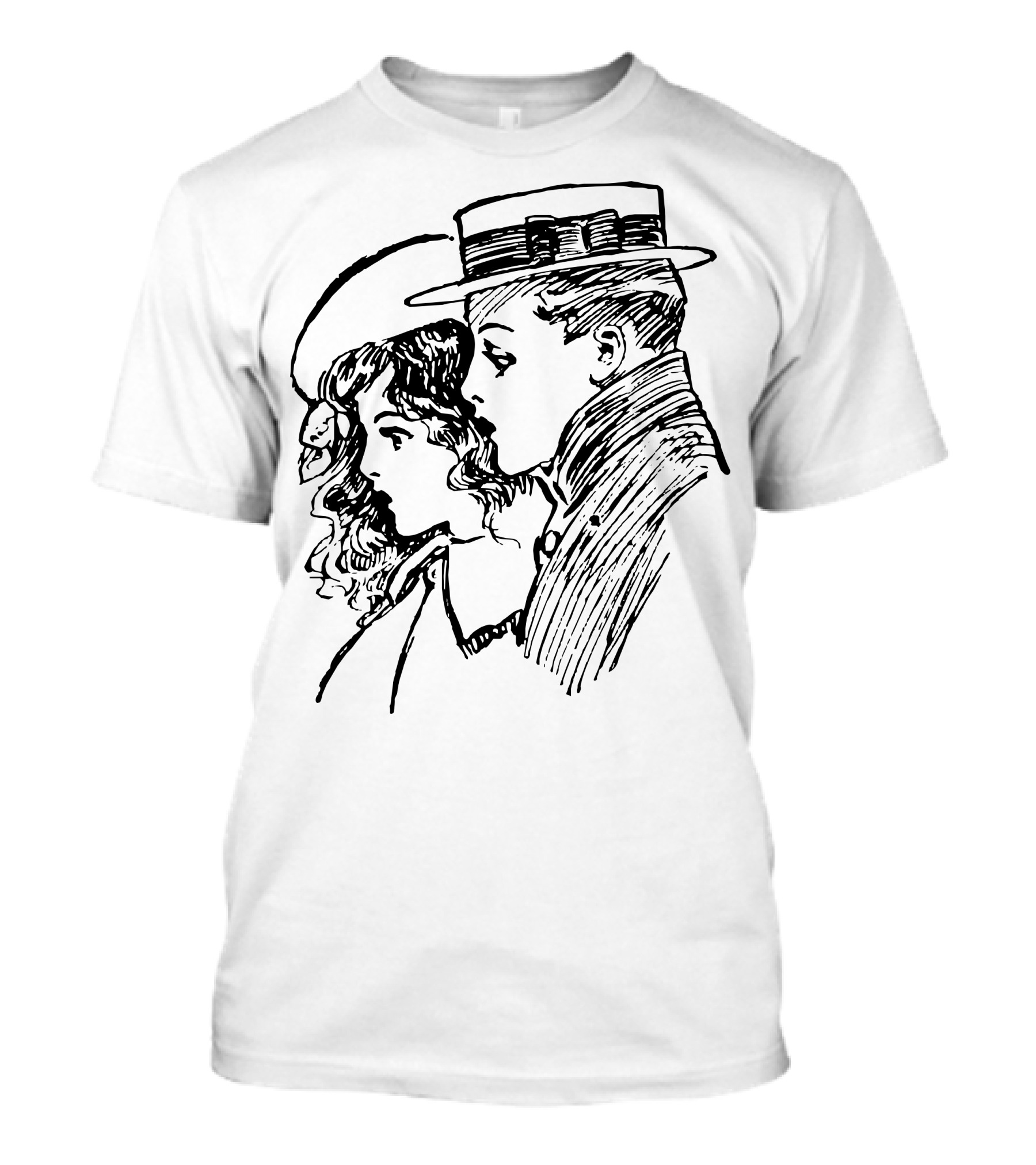 Romantic Vintage Line Art Drawing Of Couple In Hats T-Shirt