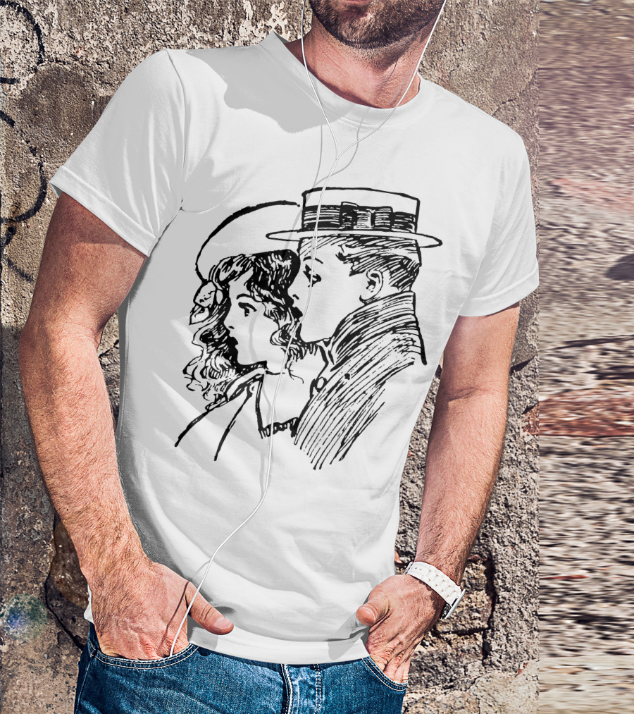 Romantic Vintage Line Art Drawing Of Couple In Hats T-Shirt