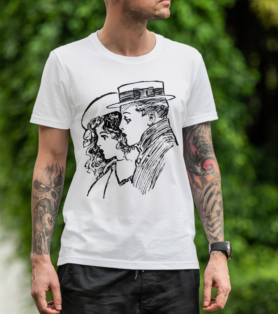 Romantic Vintage Line Art Drawing Of Couple In Hats T-Shirt