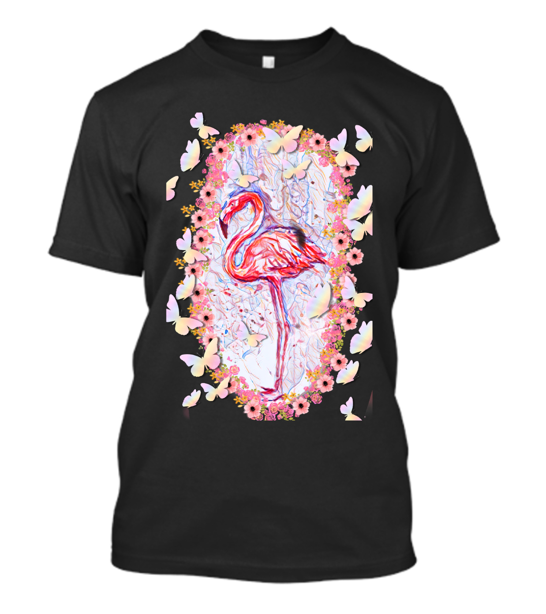 Sweet Flamingo Butterflies Flowers T-Shirt