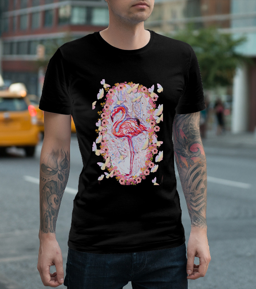 Sweet Flamingo Butterflies Flowers T-Shirt
