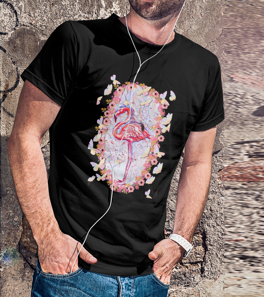 Sweet Flamingo Butterflies Flowers T-Shirt