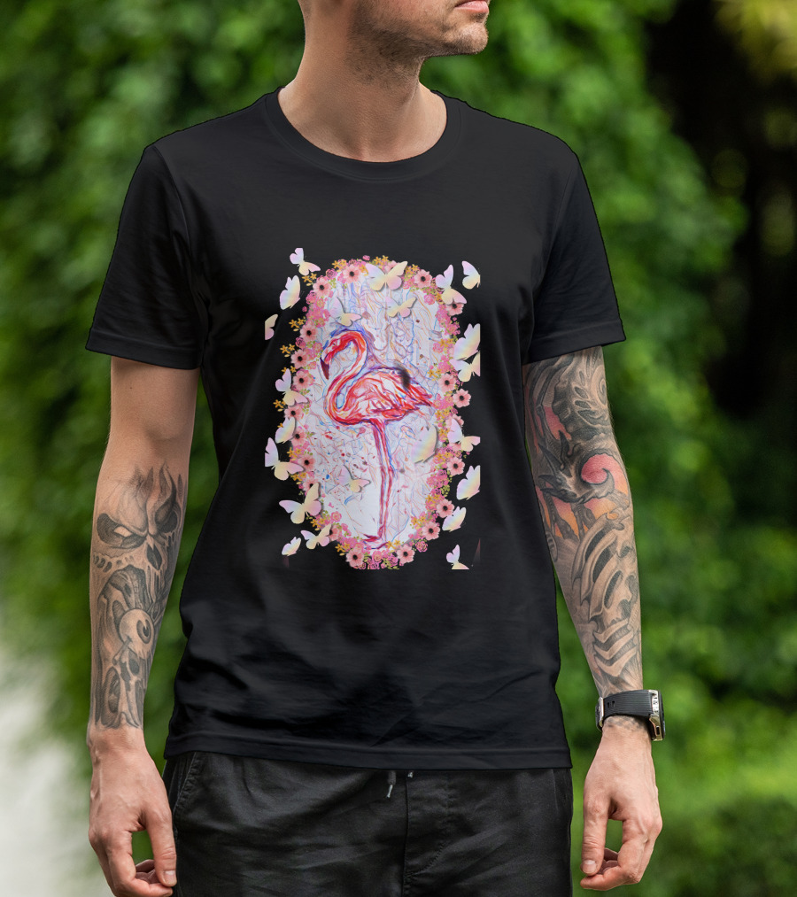 Sweet Flamingo Butterflies Flowers T-Shirt
