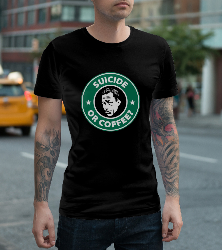 Albert Camus Suicide Or Coffee Parody Green Circle T-Shirt