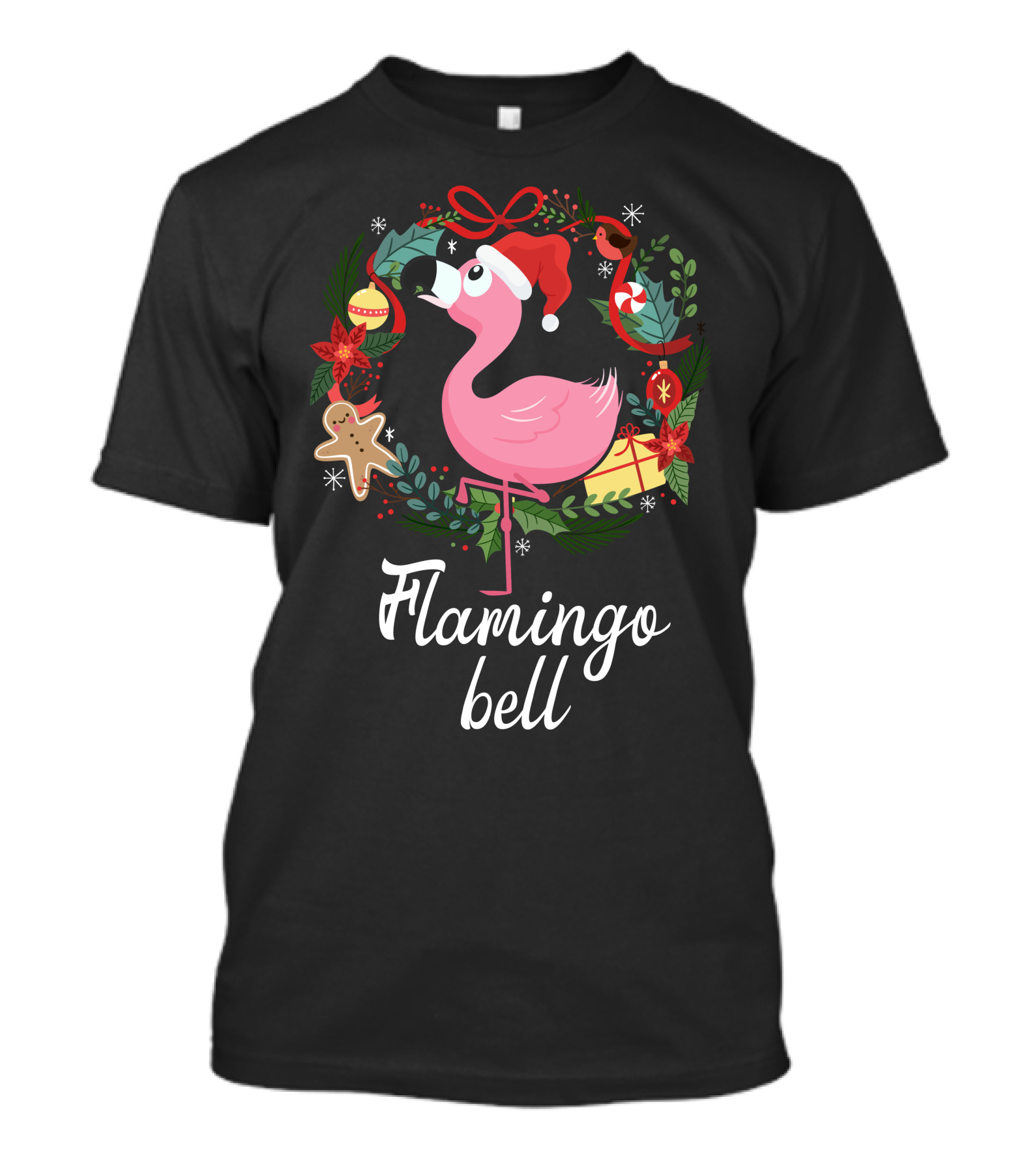 Flamingo Bell Christmas Wreath Santa Hat Holiday Cheer T-Shirt