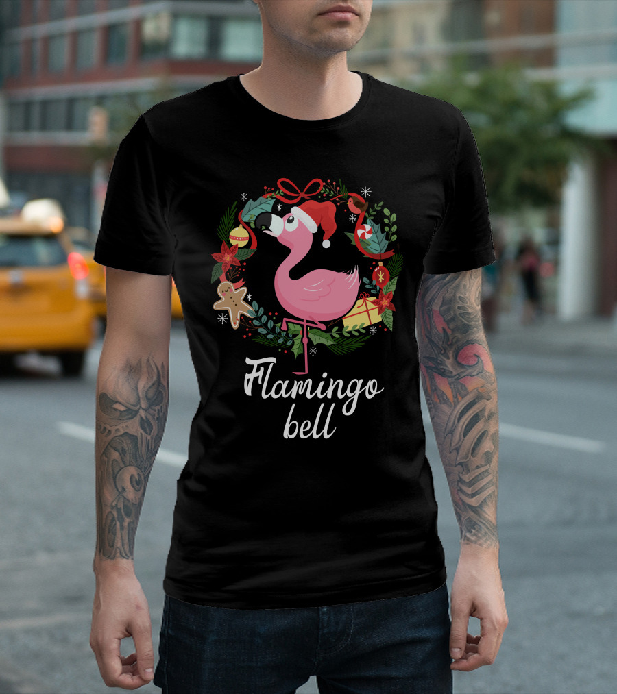Flamingo Bell Christmas Wreath Santa Hat Holiday Cheer T-Shirt