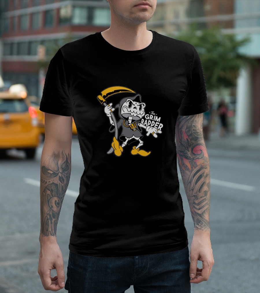 The Grim Rapper Cartoon Style Skeleton with Yellow Scythe and Shoes T-Shirt