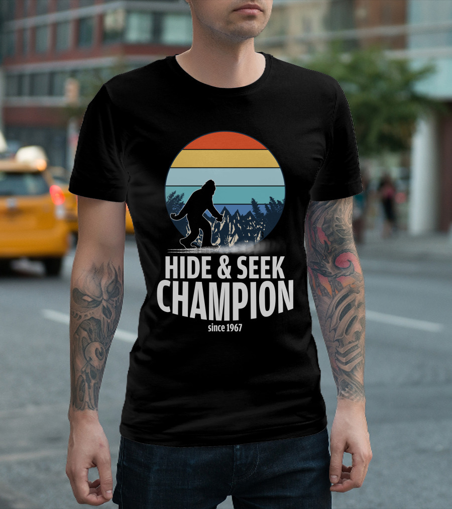 Hide And Seek Champion Since 1967 Bigfoot Sunset Silhouette Forest T-Shirt