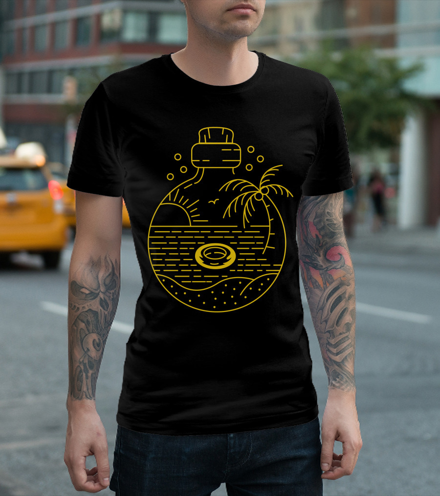 Landscape In Bottle With Palm Tree And Sunset For Dark T-Shirt