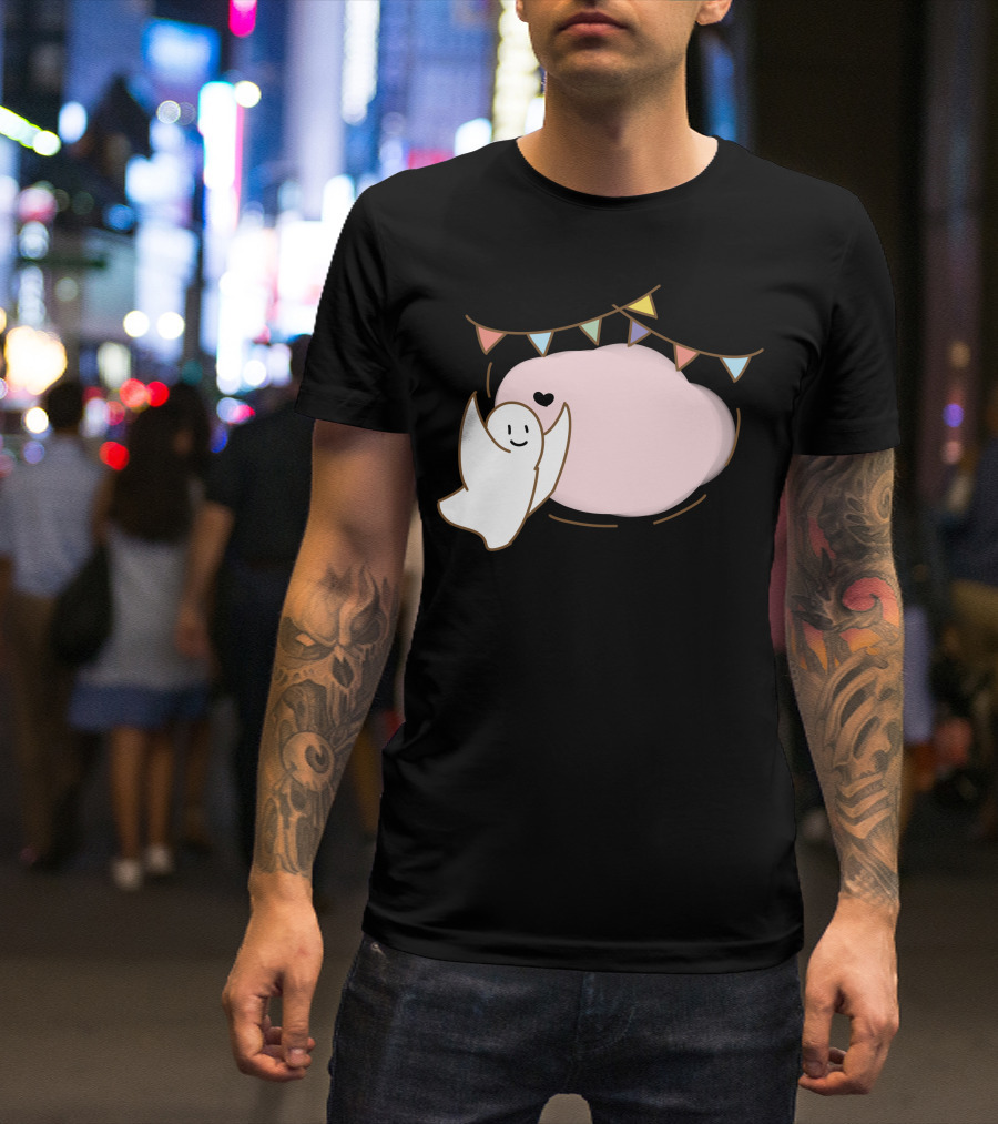 Little Devil Decoration Ghost With Heart And Pastel Bunting On Pink Cloud T-Shirt