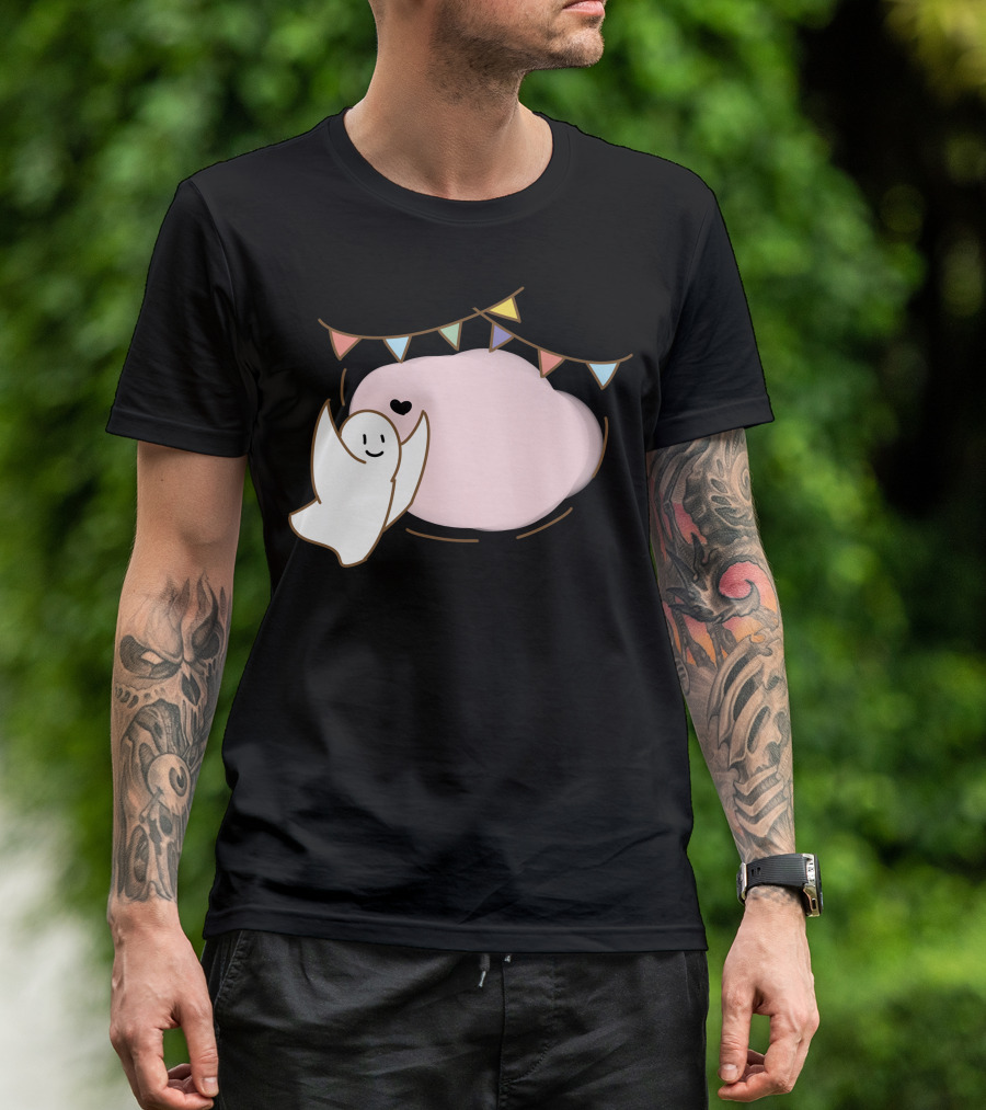 Little Devil Decoration Ghost With Heart And Pastel Bunting On Pink Cloud T-Shirt