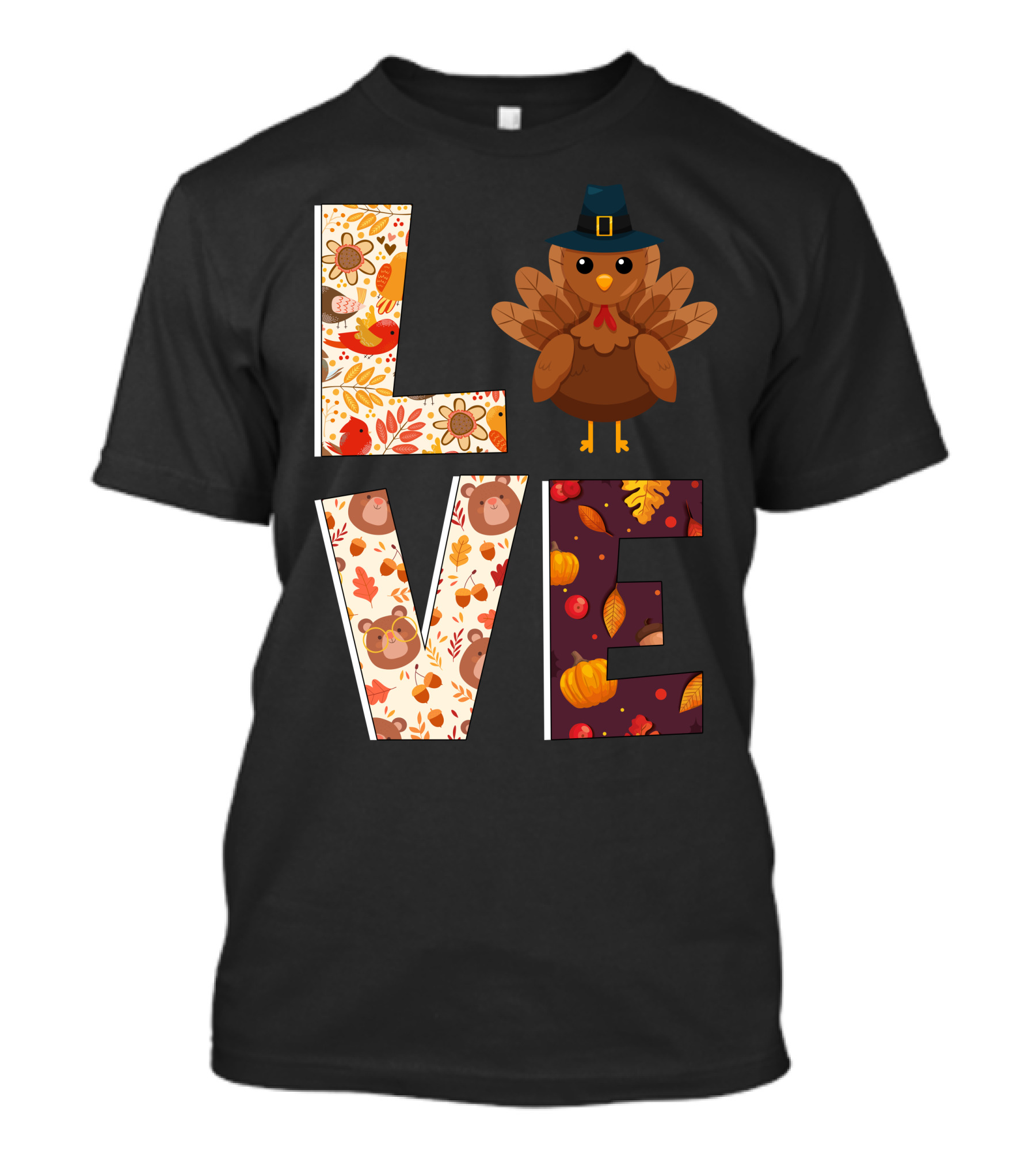 Thanksgiving Turkey Love Autumn Leaves Acorns Pumpkins T-Shirt