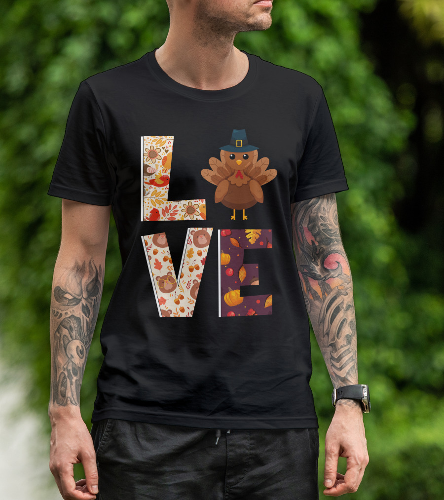 Thanksgiving Turkey Love Autumn Leaves Acorns Pumpkins T-Shirt