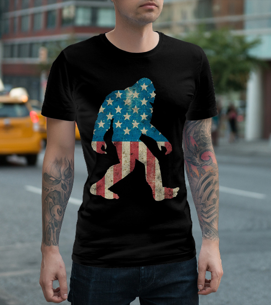 Merica Patriotic Sasquatch American Flag Stars Stripes T-Shirt