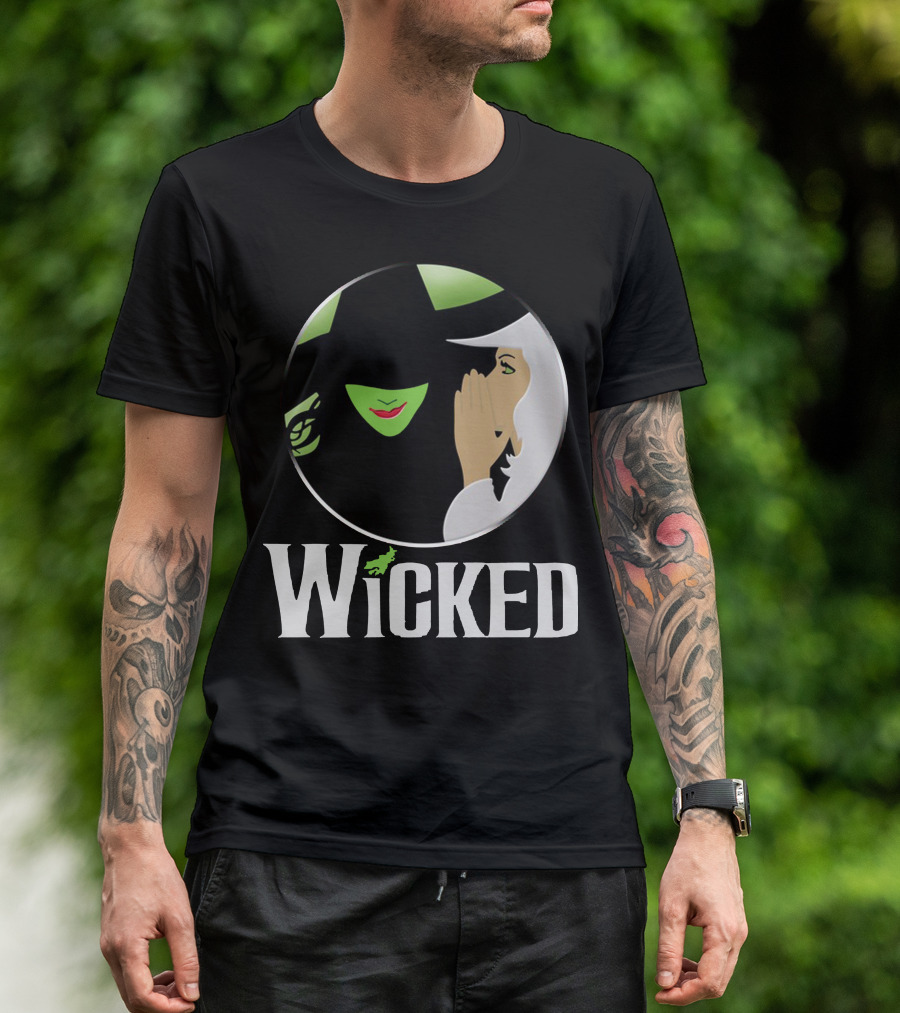 Wicked Logo Musical Witch Face And Whispering Duo T-Shirt
