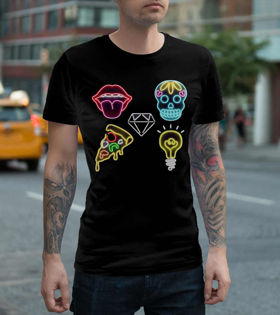 Neon Sign Mouth Pizza Skull Diamond Light Bulb T-Shirt