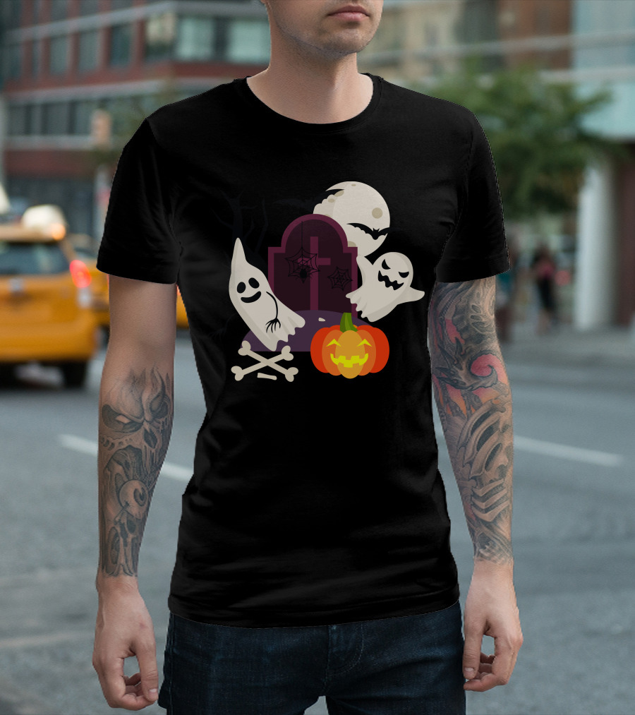 Purple Brown Orange Ghosts Tombstone Pumpkin Moon Bats T-Shirt
