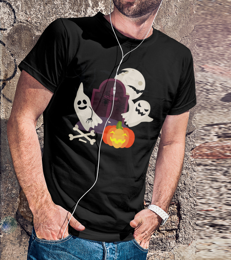 Purple Brown Orange Ghosts Tombstone Pumpkin Moon Bats T-Shirt
