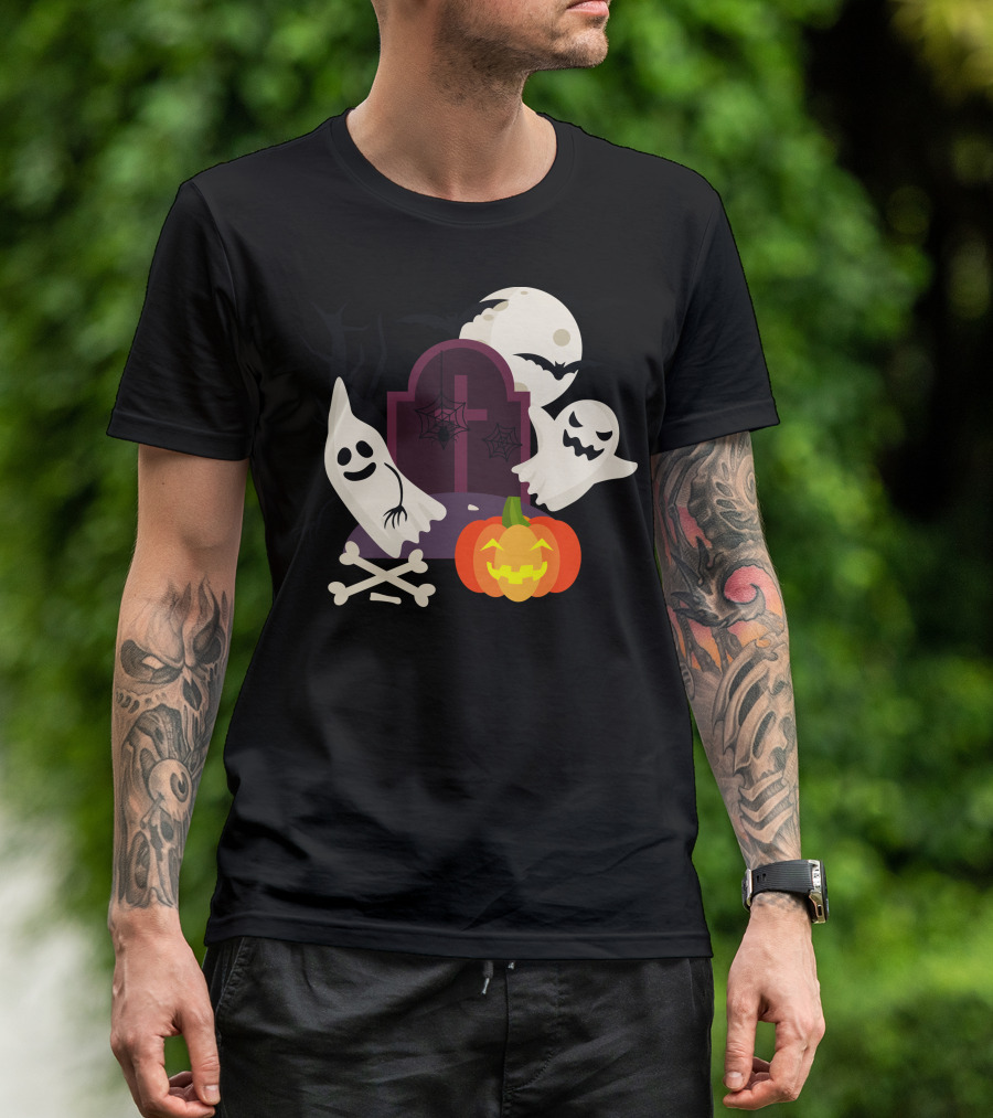 Purple Brown Orange Ghosts Tombstone Pumpkin Moon Bats T-Shirt