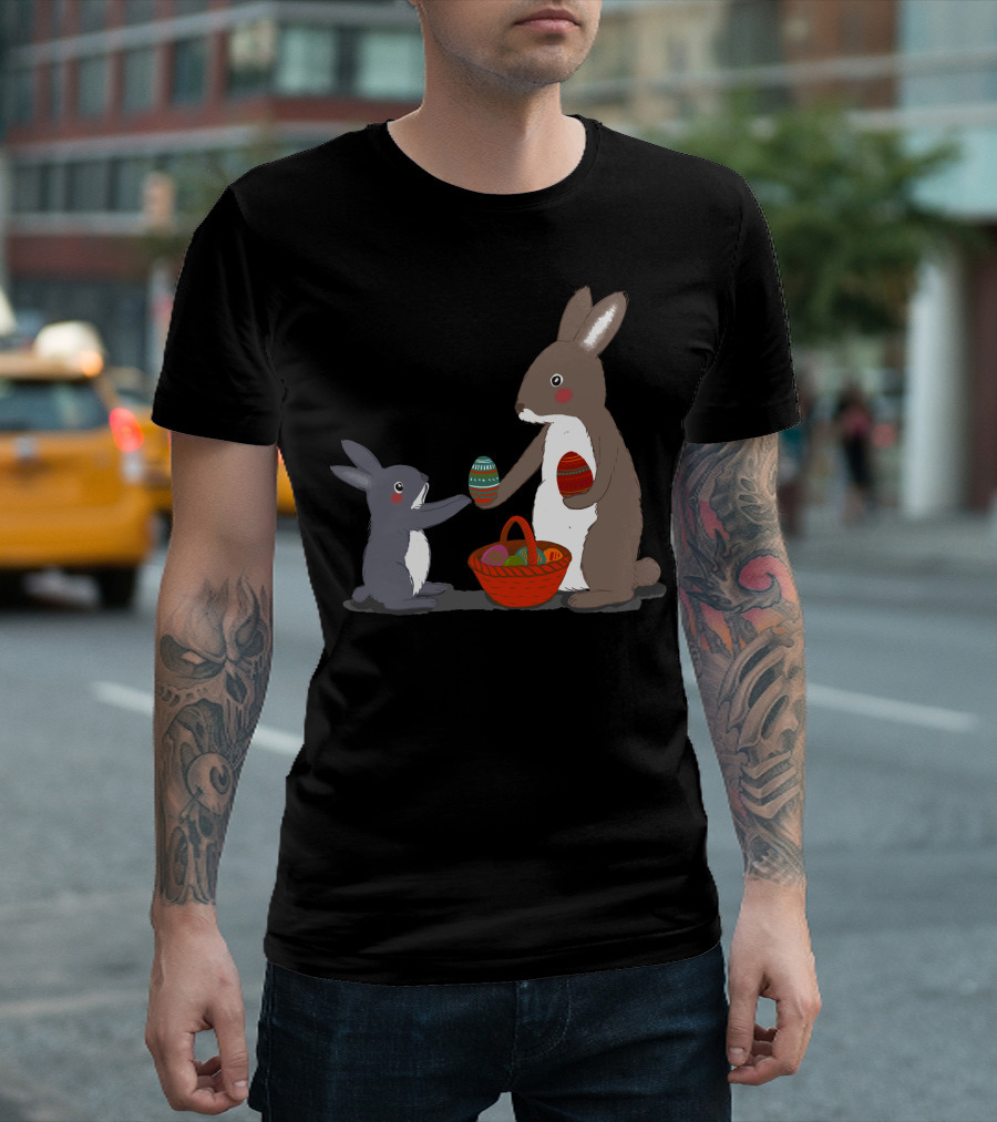 Rabbit Mothers Sharing Colored Eggs In Baskets T-Shirt