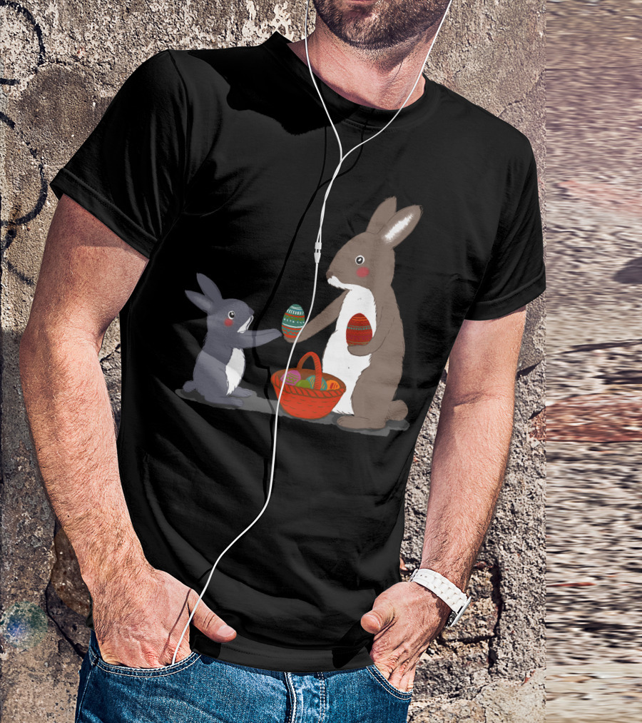 Rabbit Mothers Sharing Colored Eggs In Baskets T-Shirt
