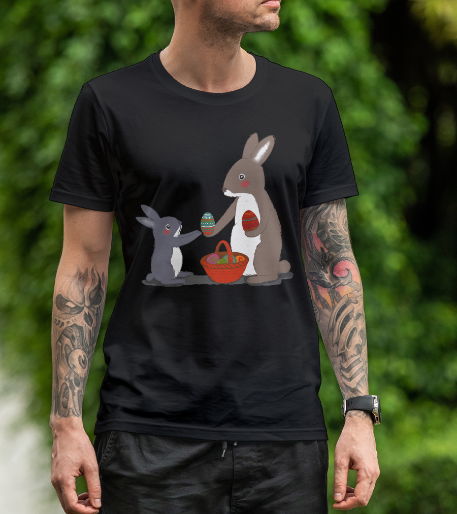 Rabbit Mothers Sharing Colored Eggs In Baskets T-Shirt